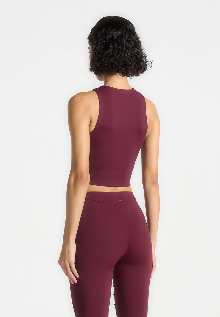 Eyelet Detail Tacked Racer Top  - Wine Red