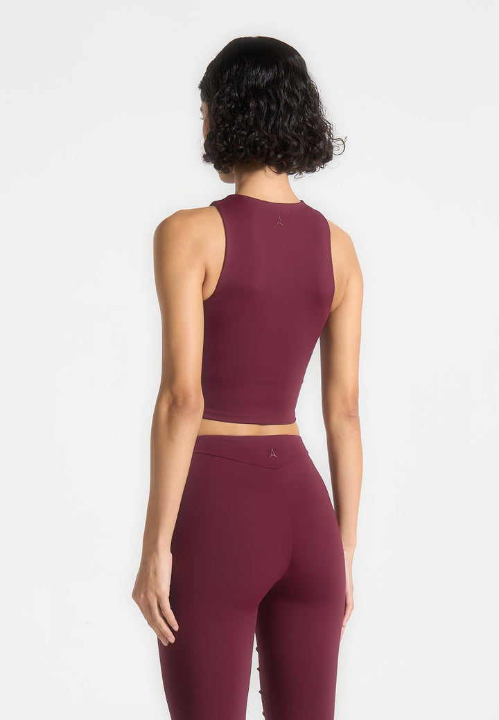 Eyelet Detail Tacked Racer Top  - Wine Red