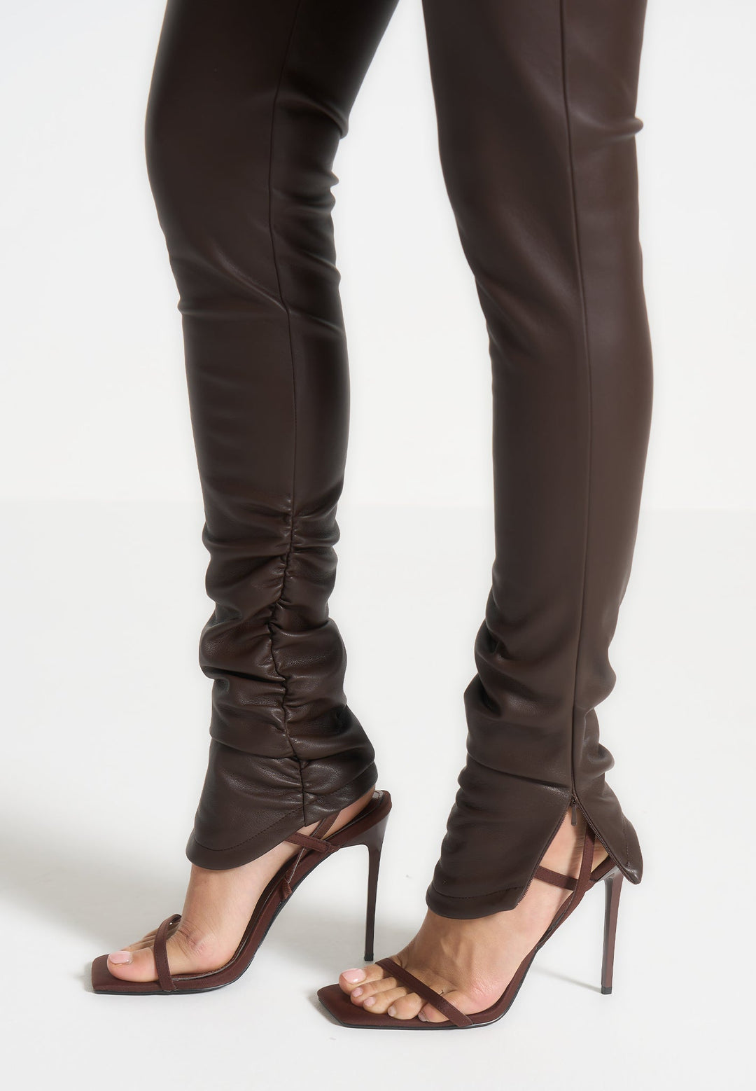 Clara - Leather Angled Waistband Leggings - Brown