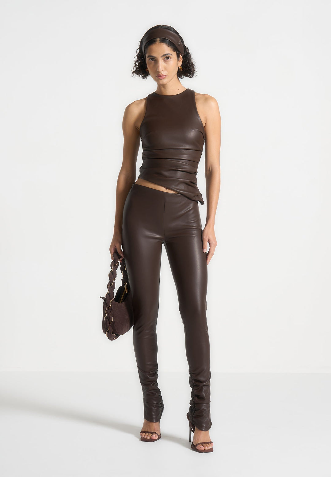 Clara - Leather Angled Waistband Leggings - Brown