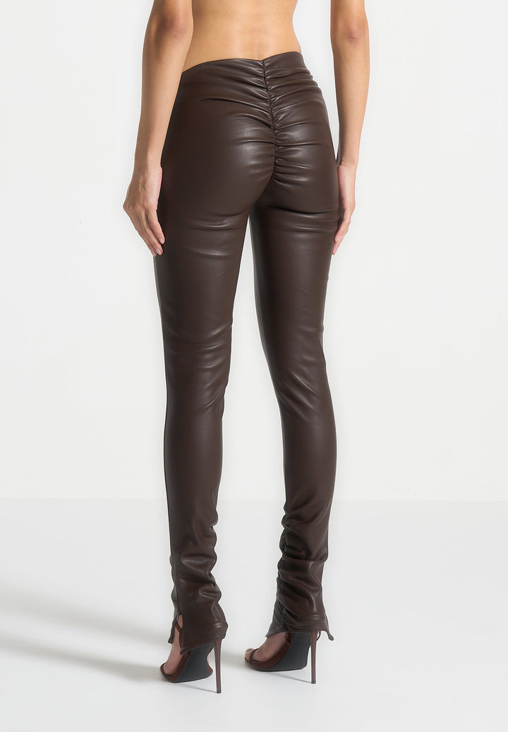 Clara - Leather Angled Waistband Leggings - Brown