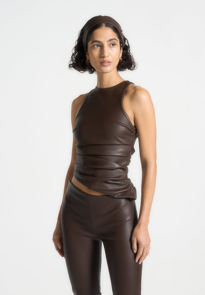 Yolande - Leather Asymmetric Tacked Racer Top - Brown