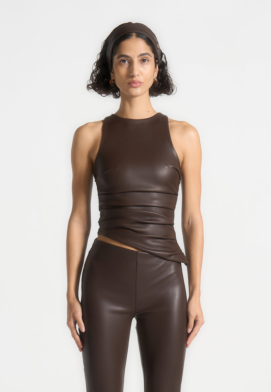 Yolande - Leather Asymmetric Tacked Racer Top - Brown