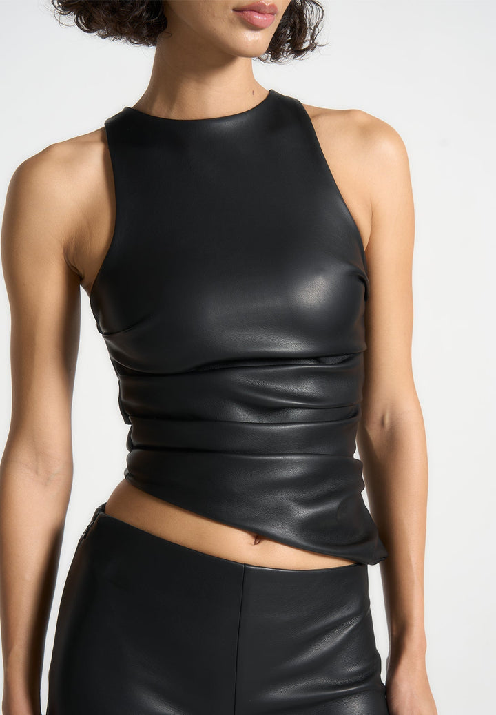 Yolande - Leather Asymmetric Tacked Racer Top - Black