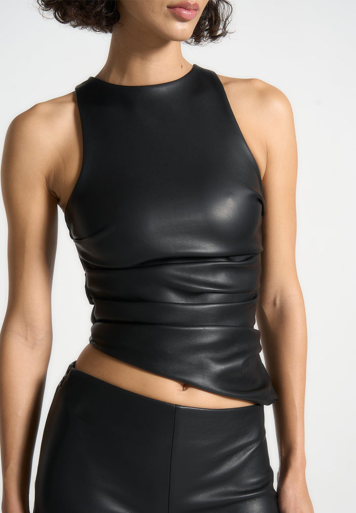 Yolande - Leather Asymmetric Tacked Racer Top - Black
