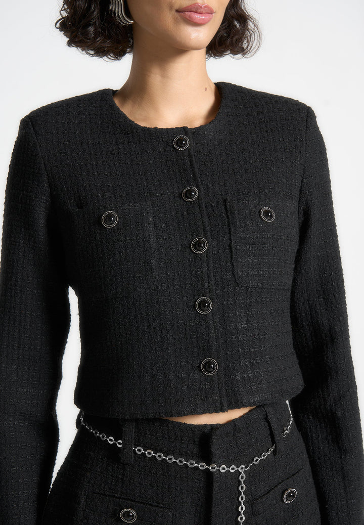 Celine - Cropped Tweed Jacket with Pearls - Black