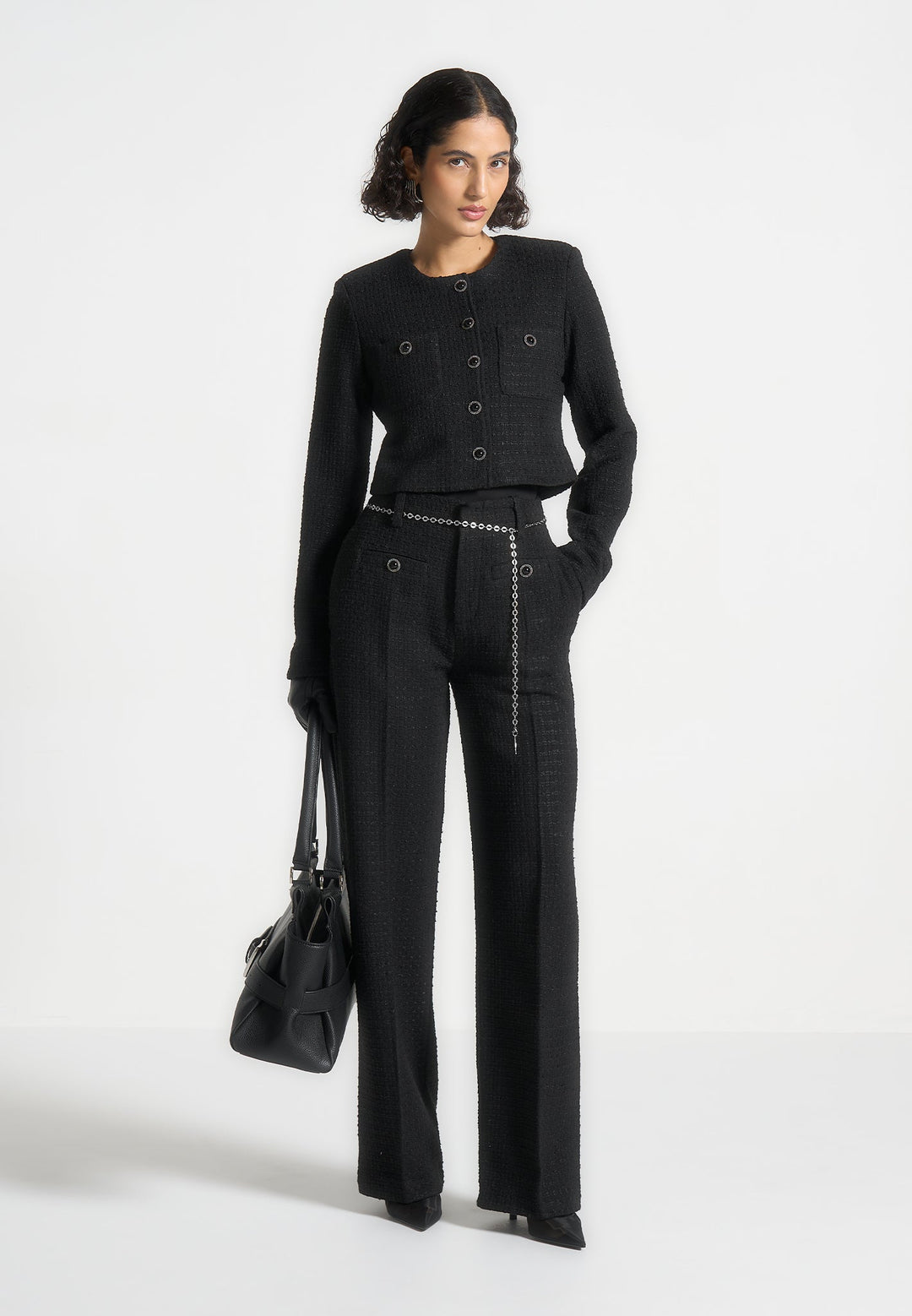 Celine - Cropped Tweed Jacket with Pearls - Black