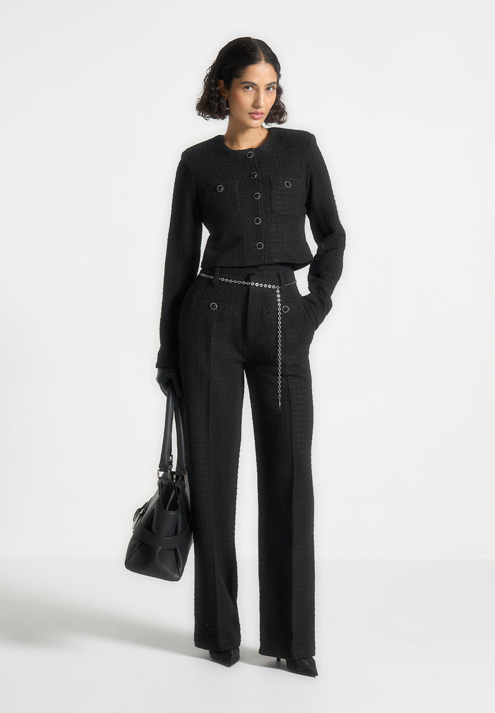 Celine - Cropped Tweed Jacket with Pearls - Black