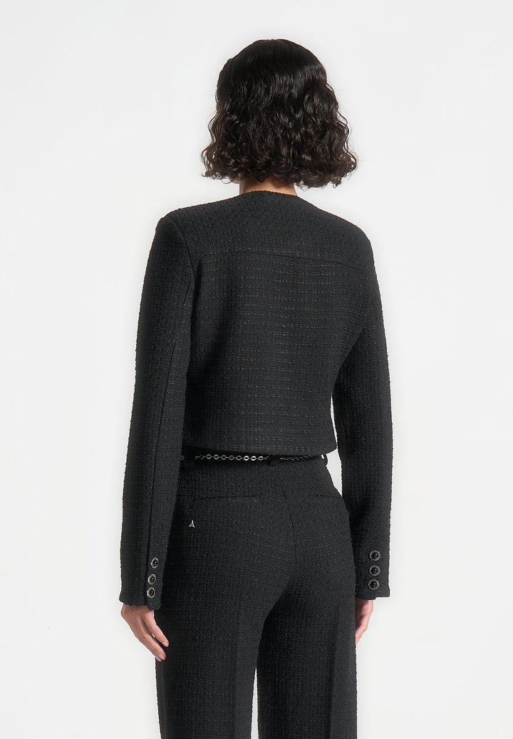 Celine - Cropped Tweed Jacket with Pearls - Black
