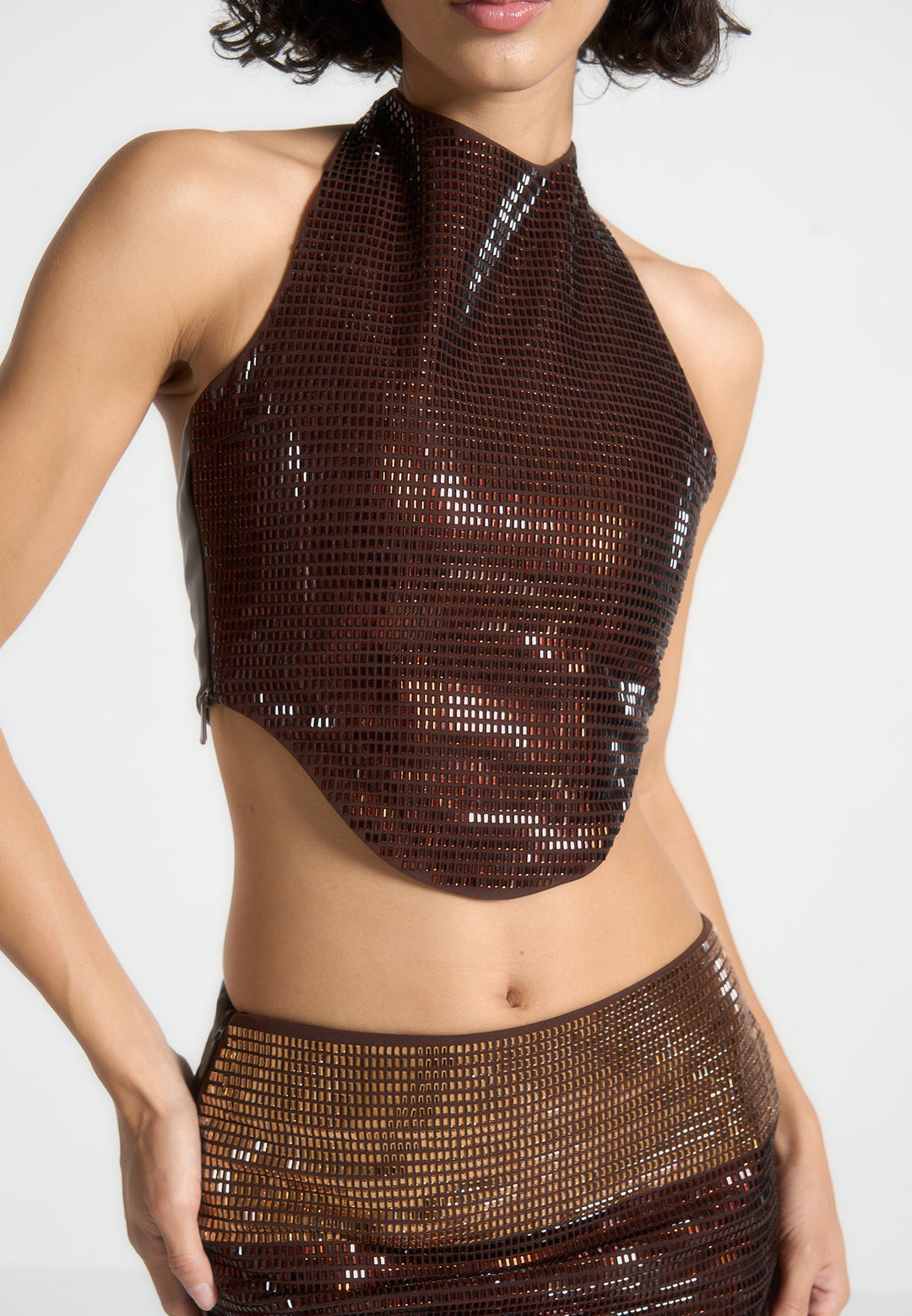 Rhinestone Ombre Halterneck Top - Brown/Gold