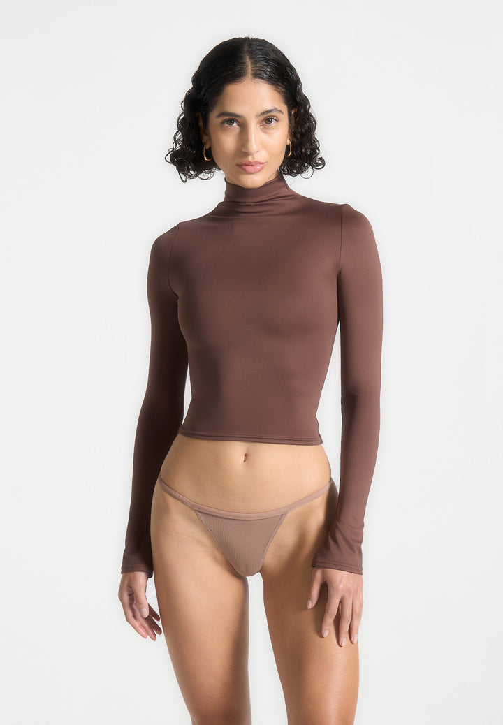 Alea - Mock Neck Long Sleeve Top - Brown