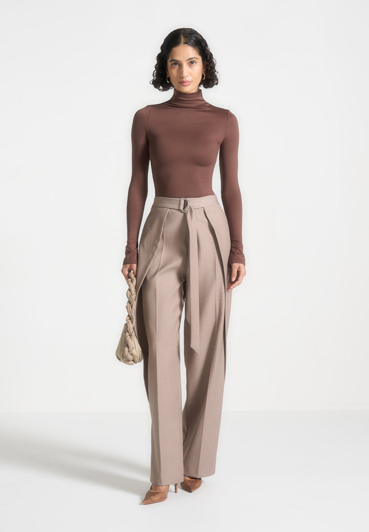 Alea - Mock Neck Long Sleeve Top - Brown