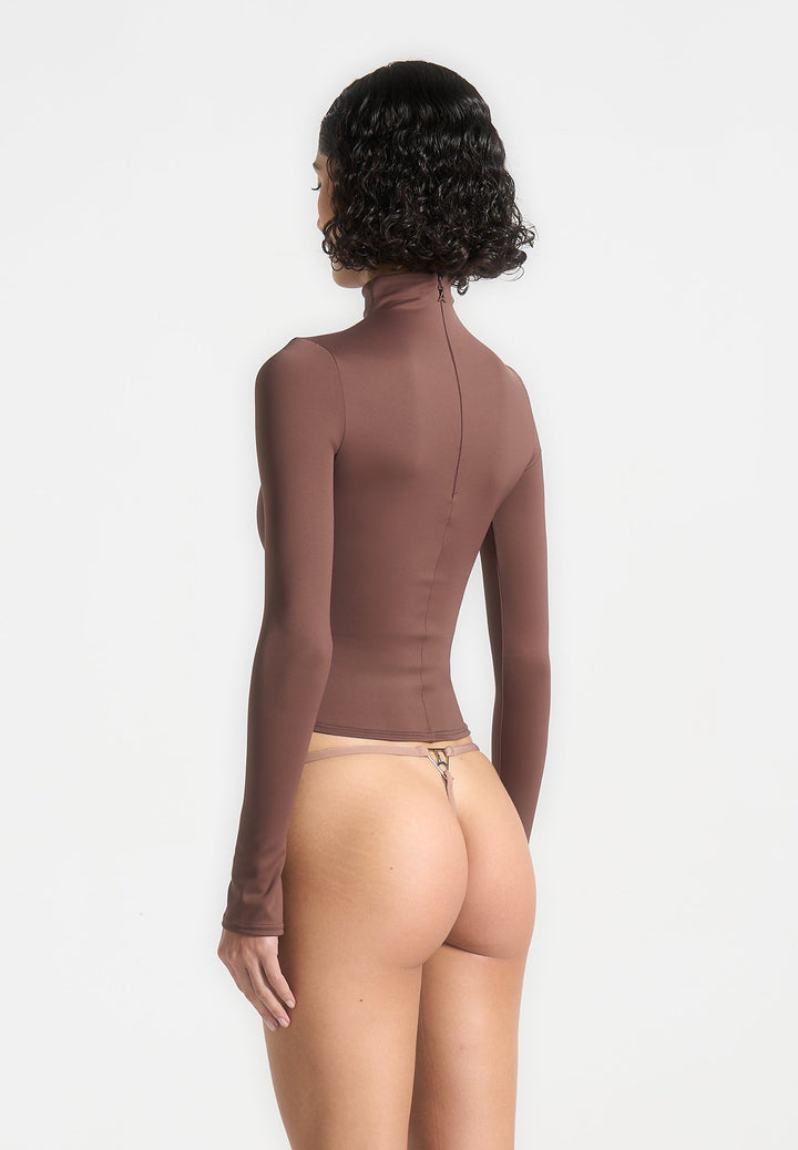 Alea - Mock Neck Long Sleeve Top - Brown