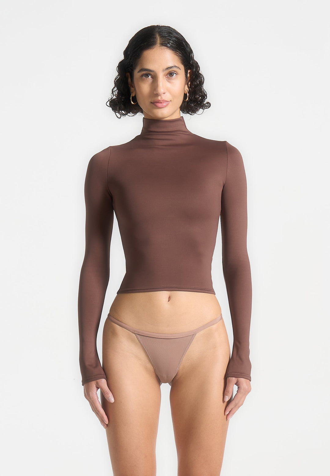 Alea - Mock Neck Long Sleeve Top - Brown