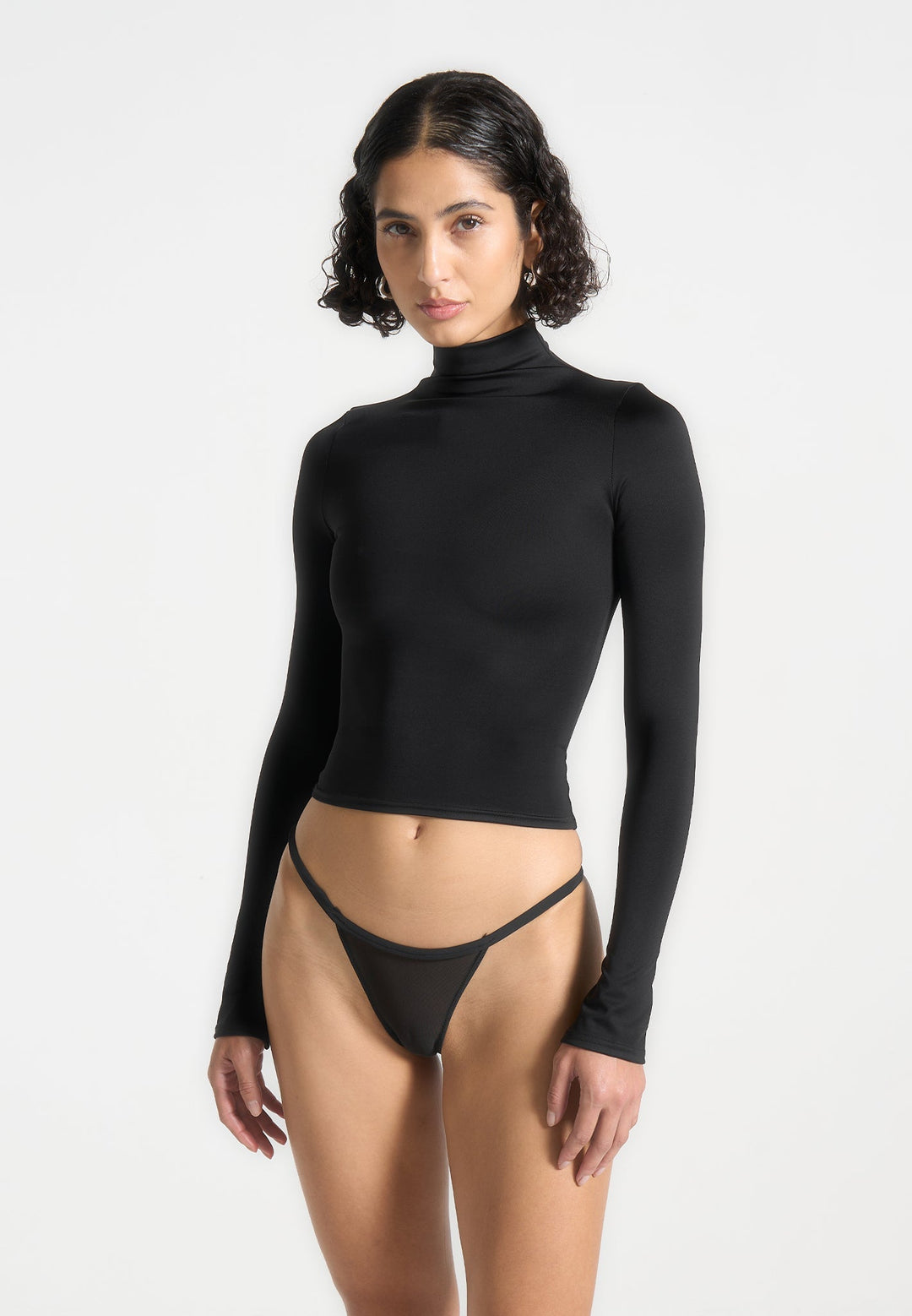 Alea - Mock Neck Long Sleeve Top - Black