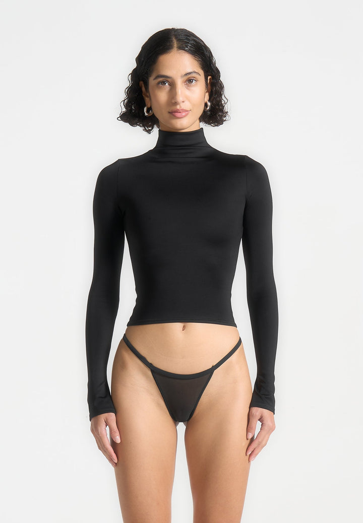 Alea - Mock Neck Long Sleeve Top - Black
