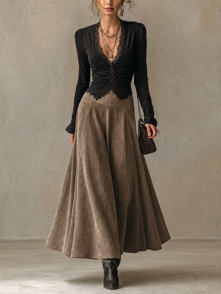 Abigail | Lace Top &amp; Suede-Look Maxi Skirt Set