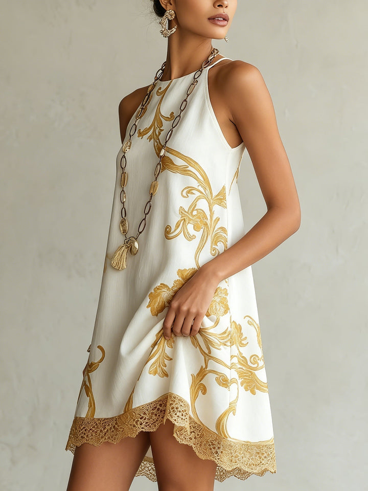 Héloïse | Mini Dress in White Lace with Golden Patterns