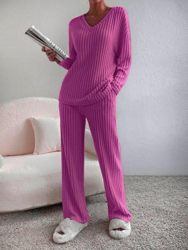 SUMMER™ - Casual V-Neck Long Sleeve Top &amp; Straight Leg Lounge Pants Set