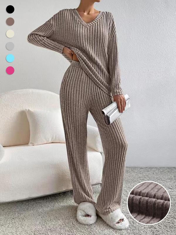 SUMMER™ - Casual V-Neck Long Sleeve Top &amp; Straight Leg Lounge Pants Set