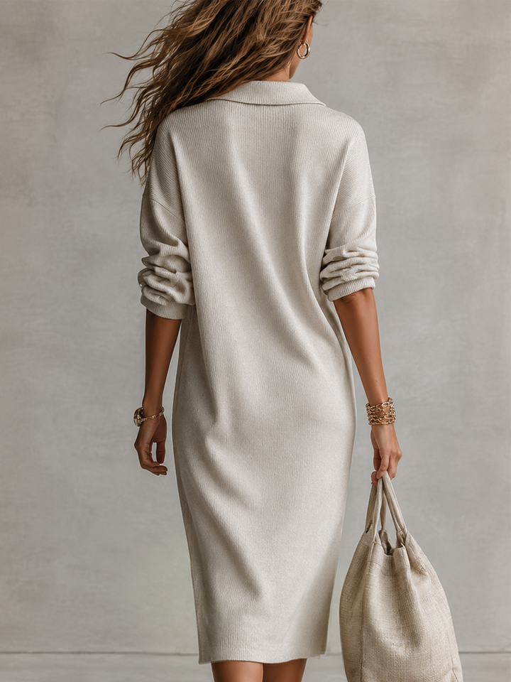 Alva | Soft Collared Long Sleeve Midi Dress