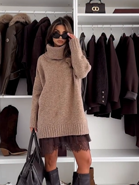 May | Turtleneck Sweater Dress Two-Piece Set (brown)