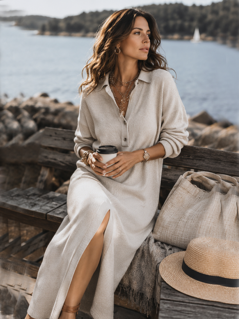 Alva | Soft Collared Long Sleeve Midi Dress