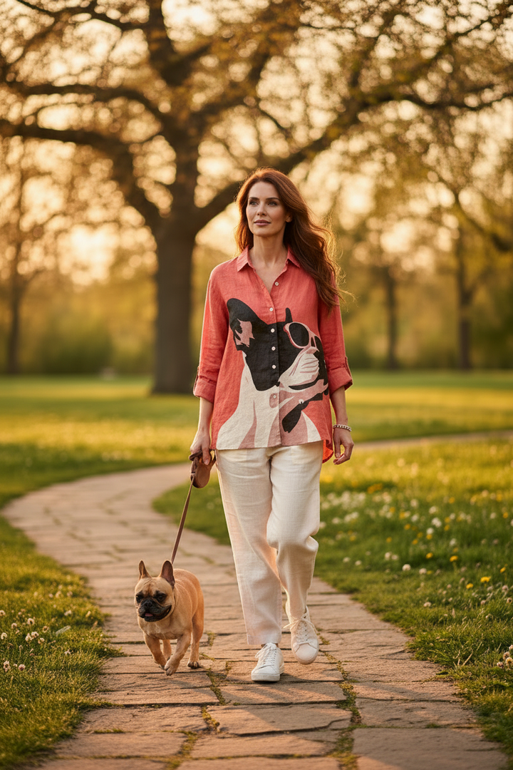 Samantha | Decorative Pattern of French Bulldog Wearing Sunglasses On Red Background Casual  Shirt