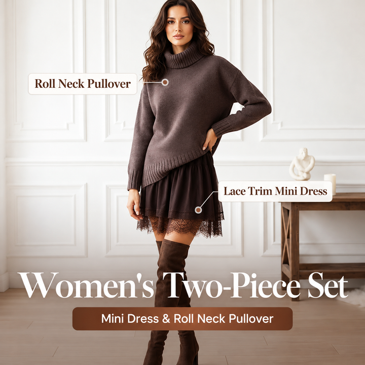 May | Turtleneck Sweater Dress Two-Piece Set (brown)