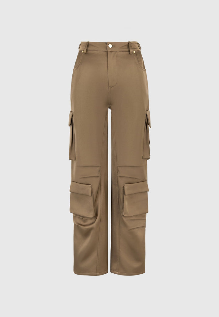 Emilie - Satin High Waisted Cargo Pants - Dark Olive