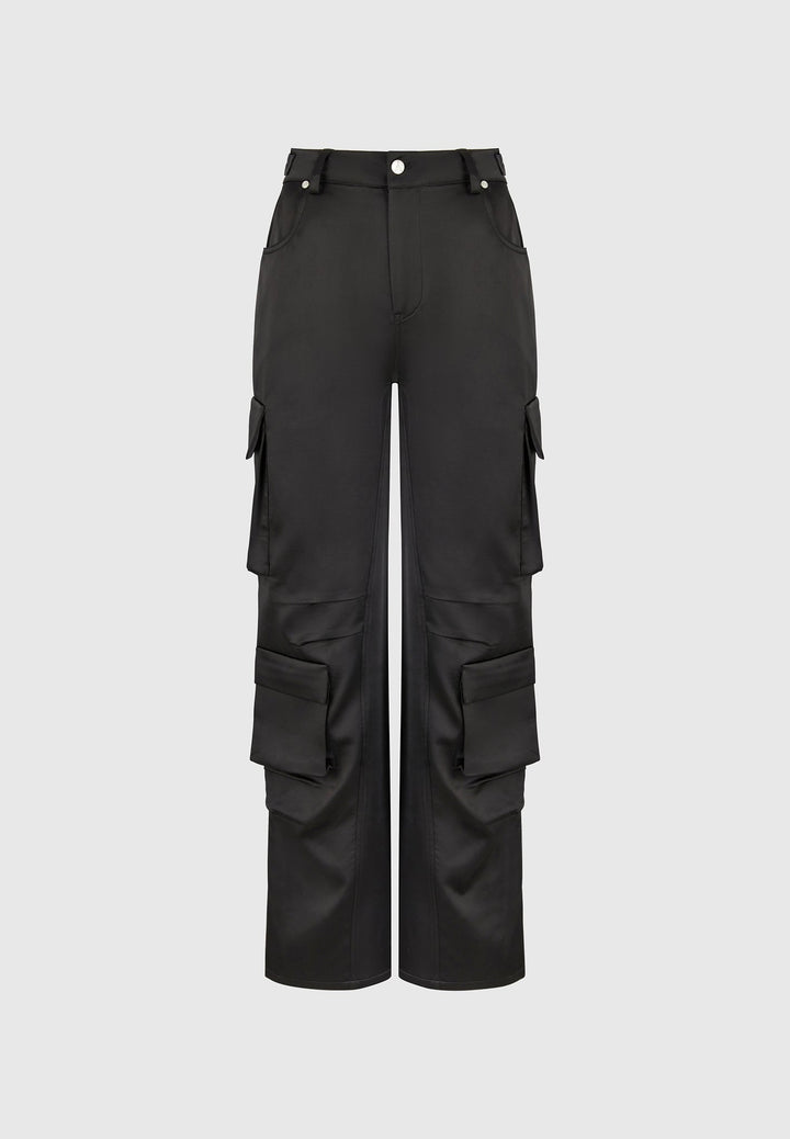 Emilie - Satin High Waisted Cargo Pants - Black