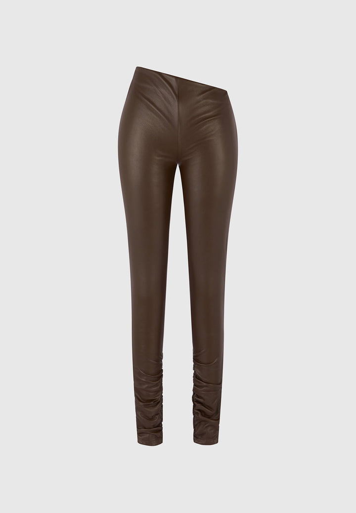 Clara - Leather Angled Waistband Leggings - Brown