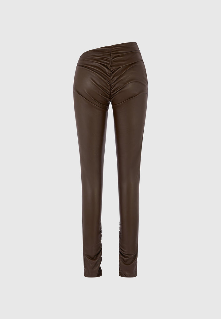 Clara - Leather Angled Waistband Leggings - Brown