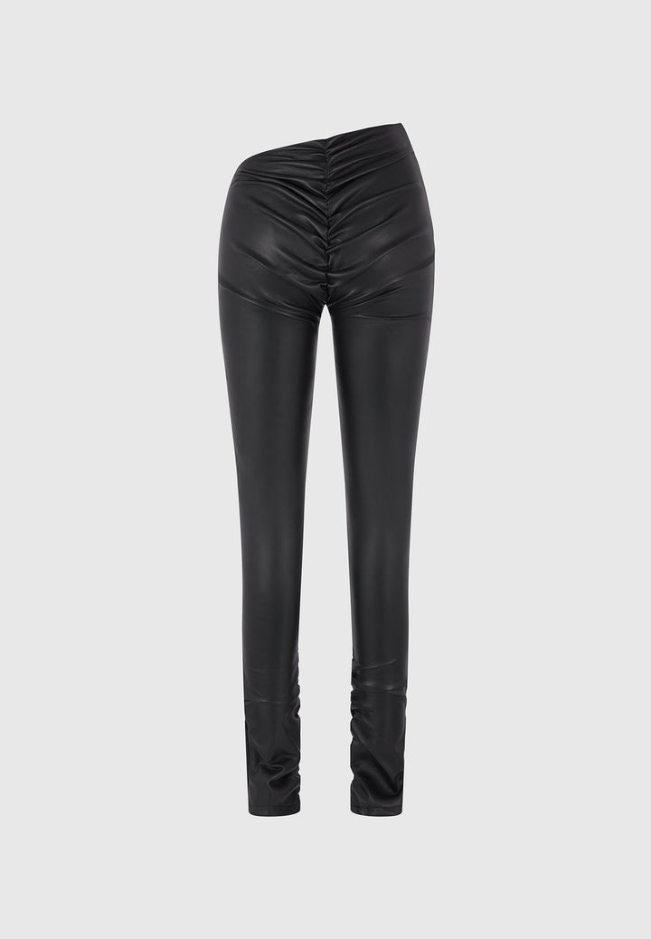 Clara - Leather Angled Waistband Leggings - Black