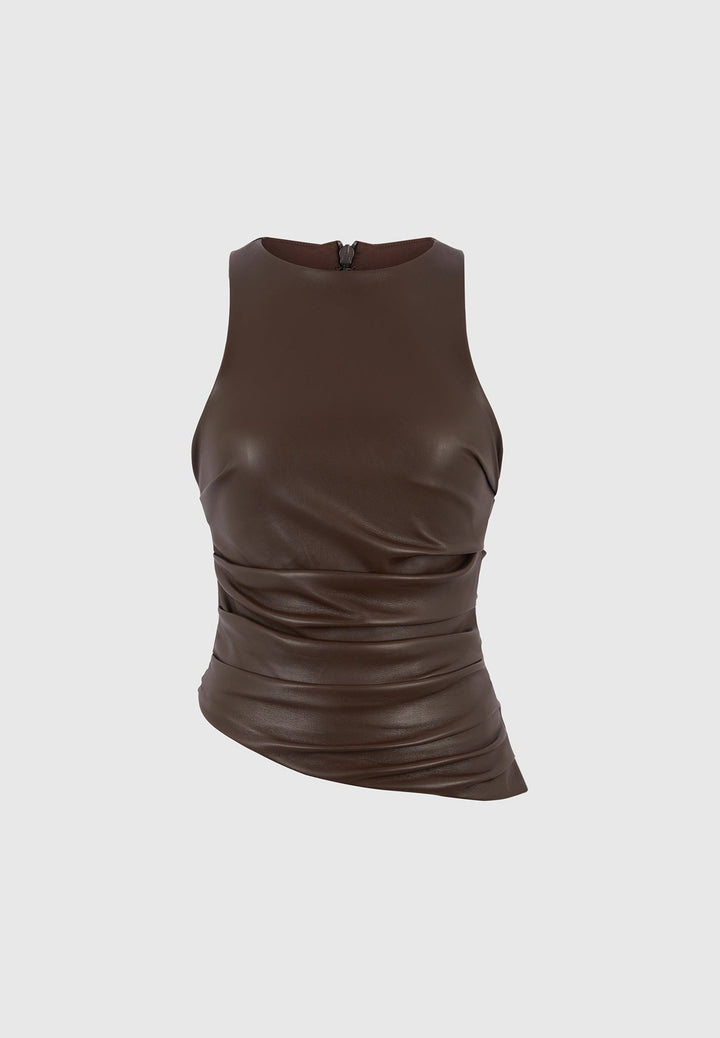 Yolande - Leather Asymmetric Tacked Racer Top - Brown