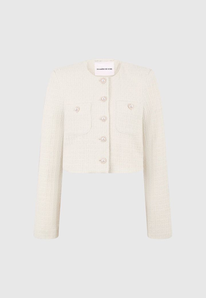 Celine - Cropped Tweed Jacket with Pearls - Cream