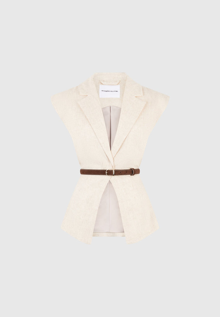 Linda - Linen Wide Shoulder Cinched Waistcoat - Natural