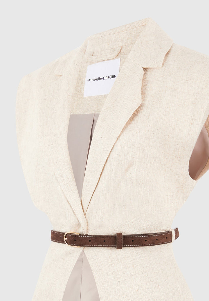 Linda - Linen Wide Shoulder Cinched Waistcoat - Natural