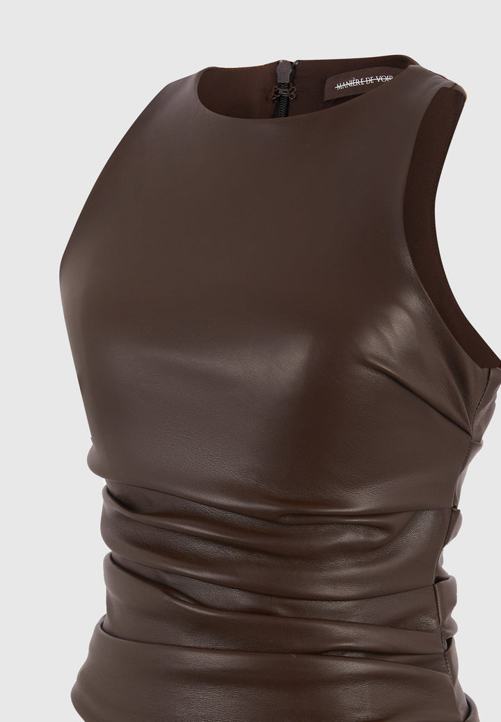 Yolande - Leather Asymmetric Tacked Racer Top - Brown