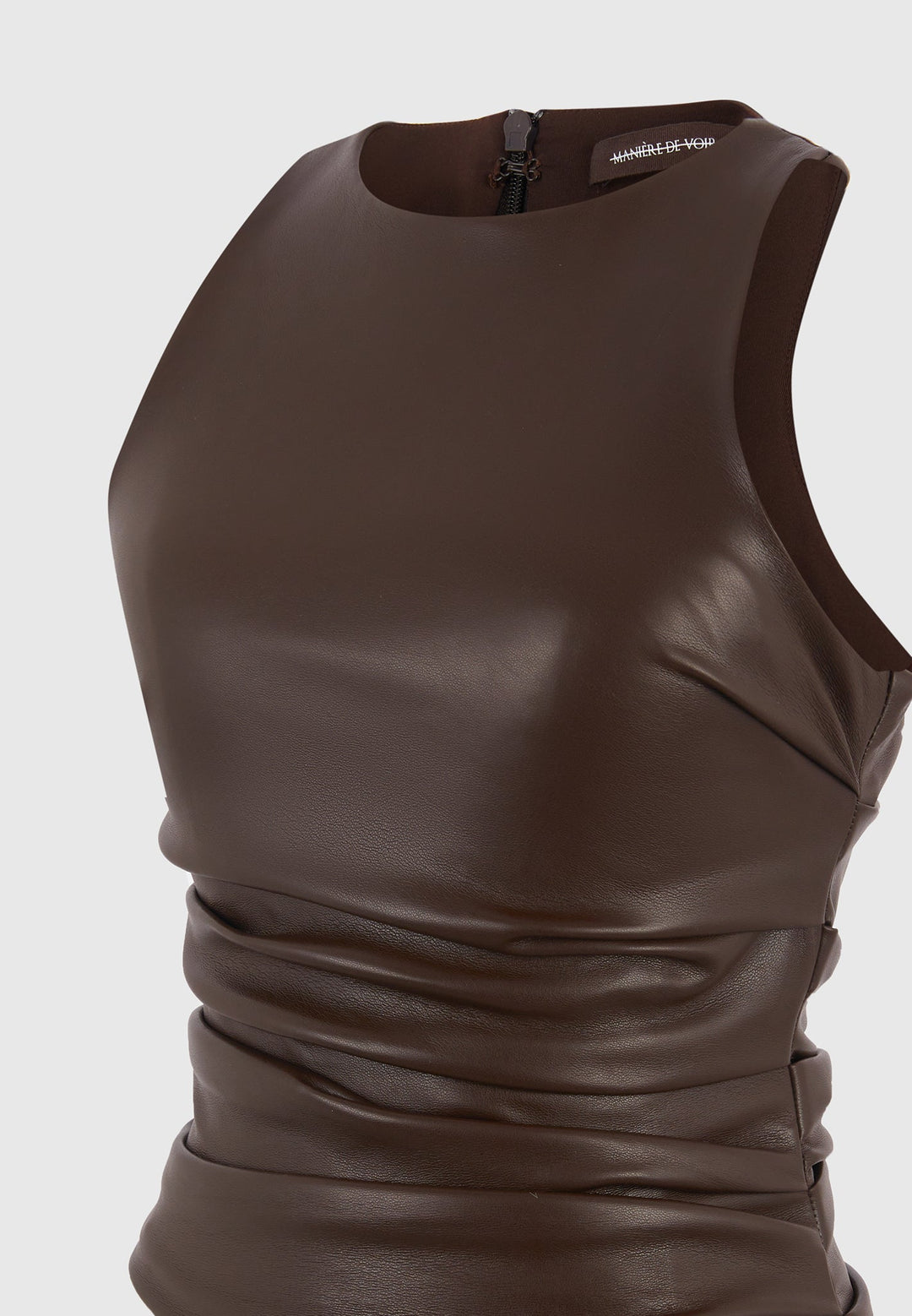 Yolande - Leather Asymmetric Tacked Racer Top - Brown