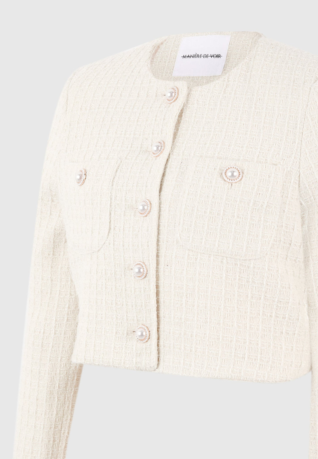 Celine - Cropped Tweed Jacket with Pearls - Cream