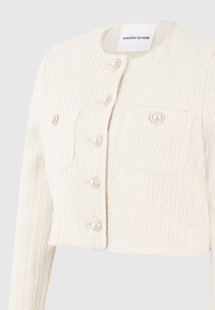 Celine - Cropped Tweed Jacket with Pearls - Cream