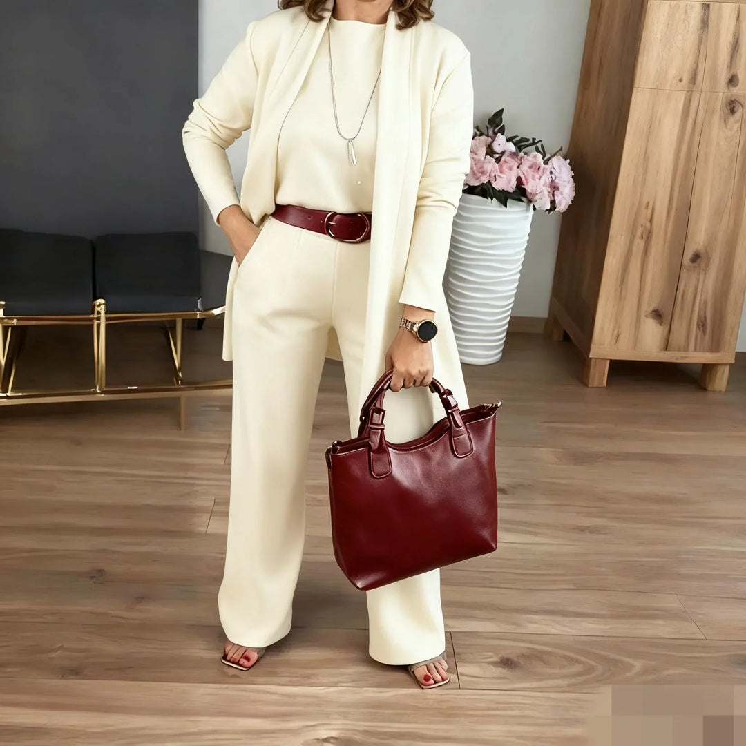Elegant 3-piece set including long cardigan, top and pants