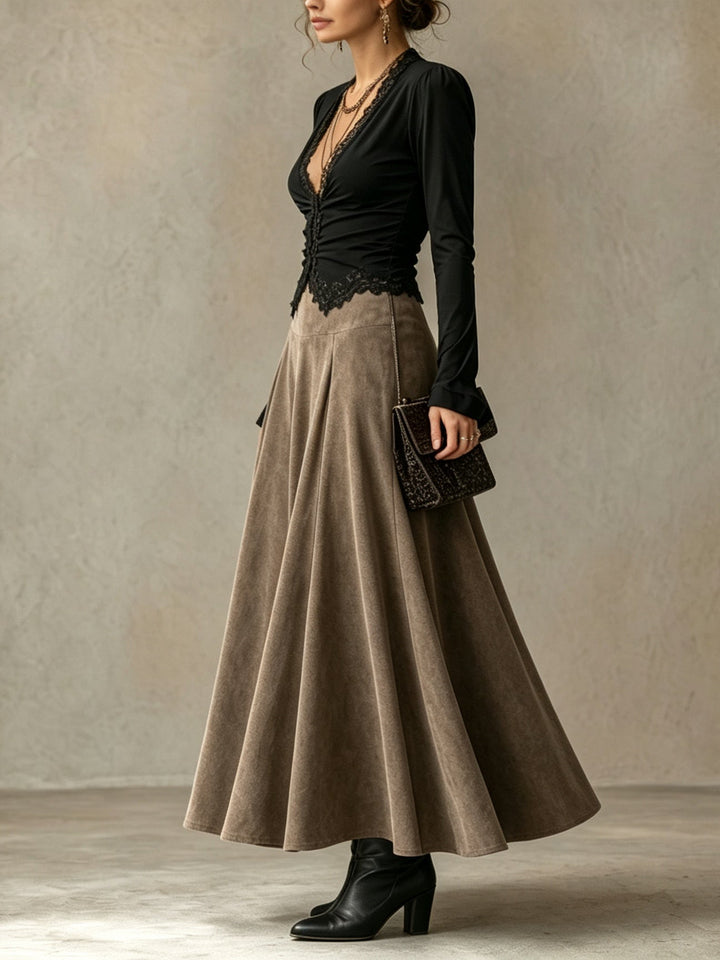 Abigail | Lace Top &amp; Suede-Look Maxi Skirt Set