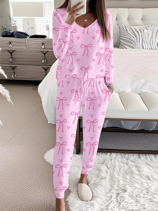 HALLIE™ - Bow Print V-Neck Long Sleeve Top &amp; Tie Waist Pants Set