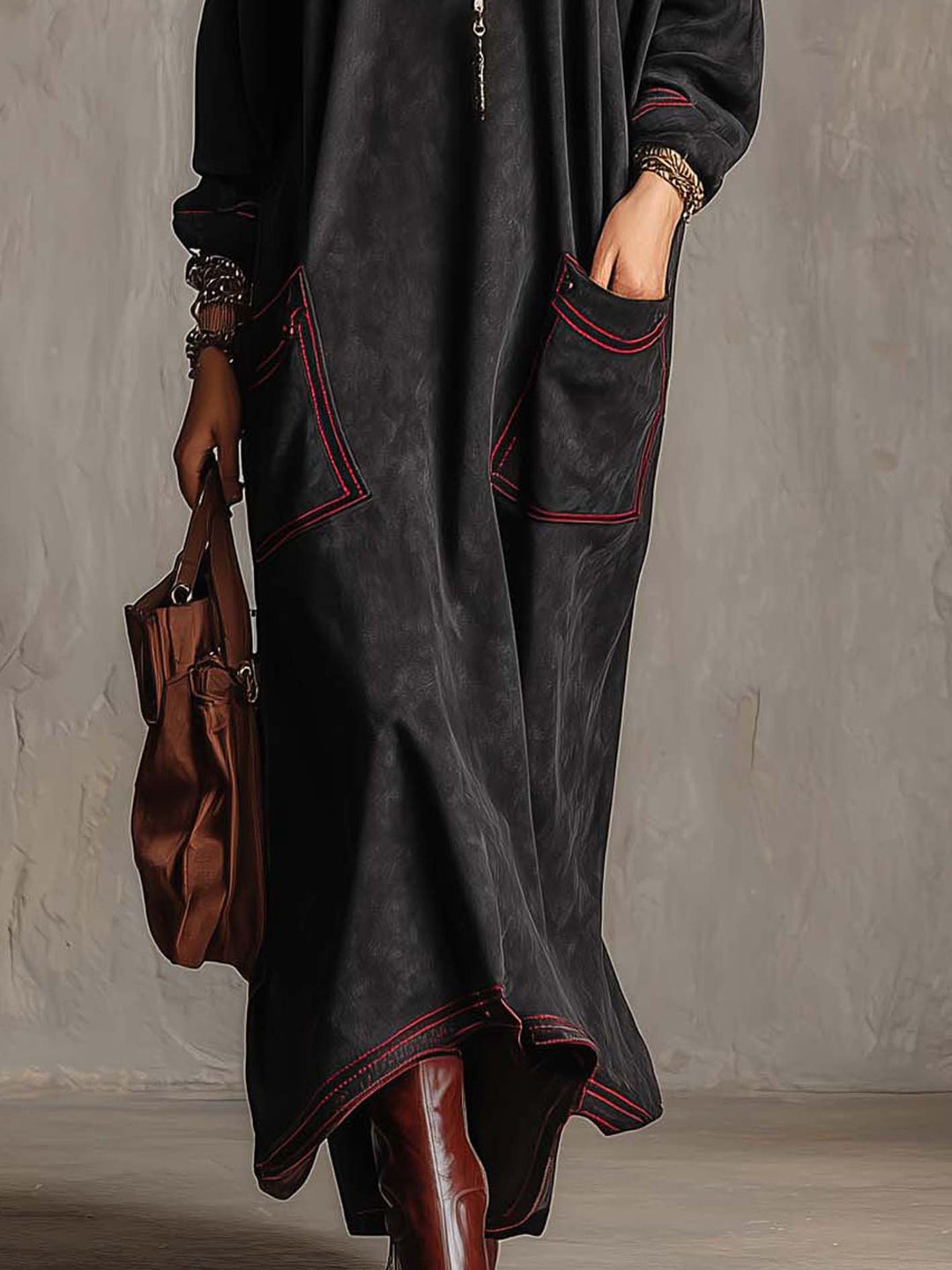 Meredith | Suede-Look Maxi Dress with Contrast Stitching
