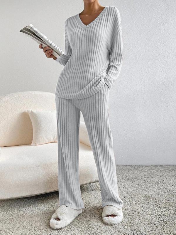 SUMMER™ - Casual V-Neck Long Sleeve Top &amp; Straight Leg Lounge Pants Set