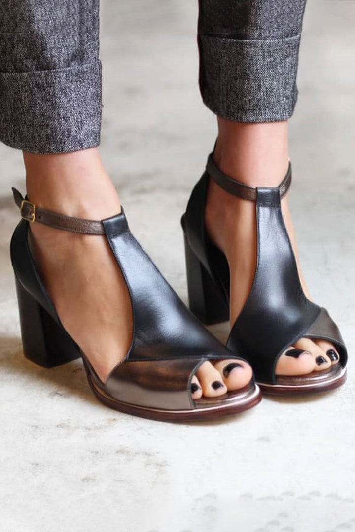 Nadaria | Black Patchwork Peep-Toe Heels