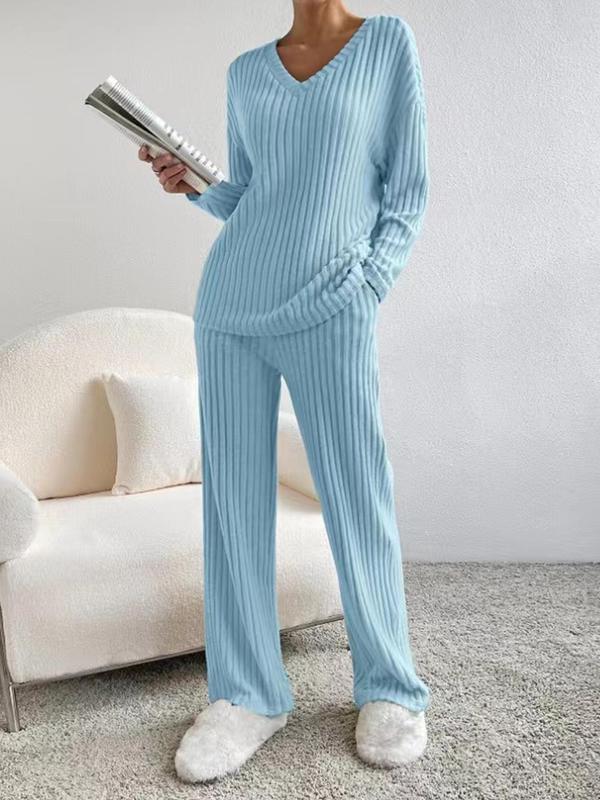 SUMMER™ - Casual V-Neck Long Sleeve Top &amp; Straight Leg Lounge Pants Set