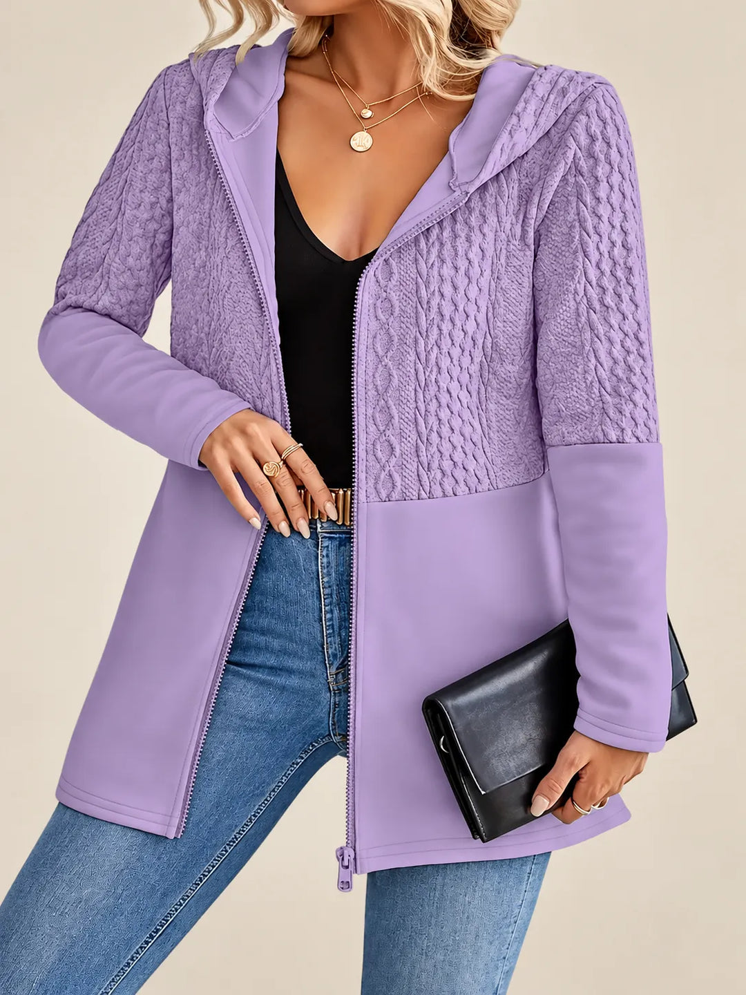 Elina | Textured Zip-Up Hooded Jacket